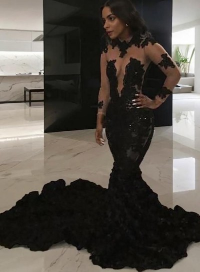 Sexy Black Mermaid  See Through Long Train Long Sleeves Ruffles Prom Dresses 2024