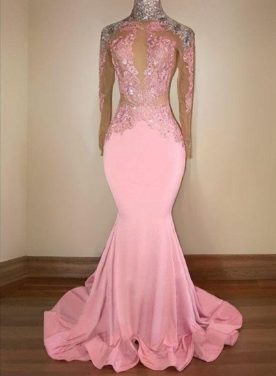 Alluring Pink Mermaid  Long Sleeves Backless Elastic Satin Open Front High Neck Prom Dresses 2024 