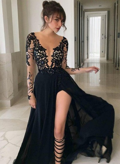 2024 Junoesque Black Sexy Split Sheer Sleeves Lace Prom Dresses