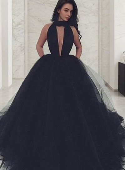2024 Junoesque Black Gorgeous Deep V-Neck Ball Gown Tulle Prom Dresses