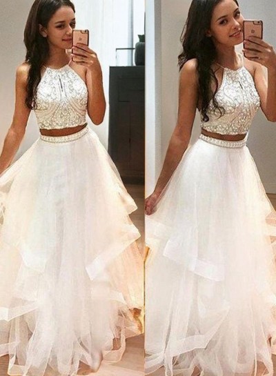 2024 Unique White Beading A-Line Tulle Two Pieces Prom Dresses