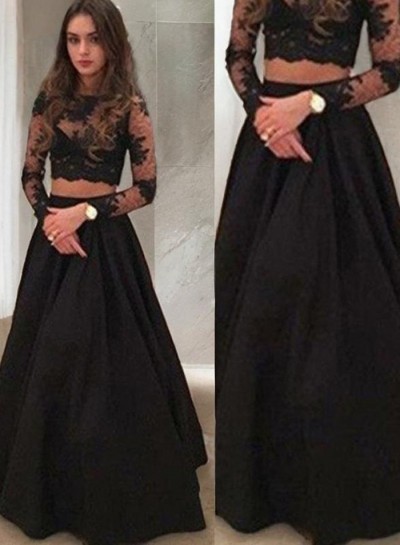2024 Junoesque Black Long Sleeve A-Line Lace Two Pieces Prom Dresses