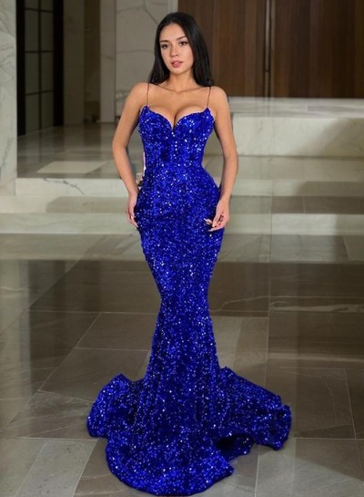 Trumpet/Mermaid Spaghetti Straps Sequins Sleeveless Sweep/Brush Train 2024 Prom Dresses