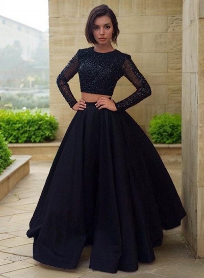 2024 Junoesque Black Beading Long Sleeve Satin Two Piece Prom Dresses