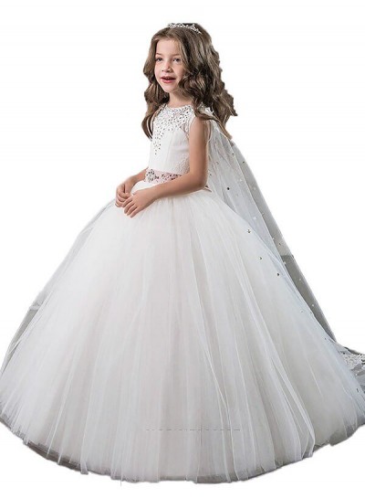 2024 Ball Gown Jewel Sleeveless Beading Floor-Length Tulle First Holy Communion Dresses / Flower Girl Gowns