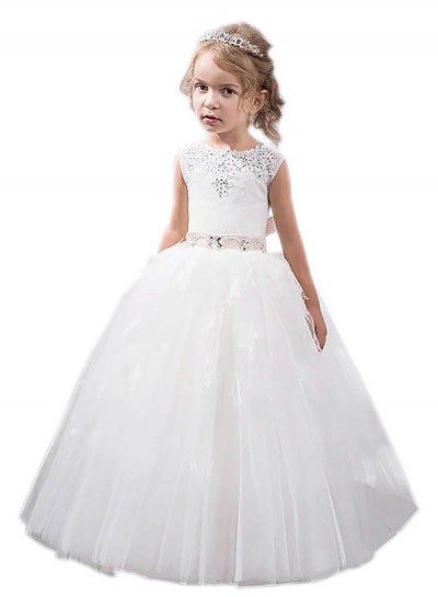 2024 Ball Gown Jewel Sleeveless Crystal Floor-Length Tulle First Holy Communion Dresses / Flower Girl Gowns