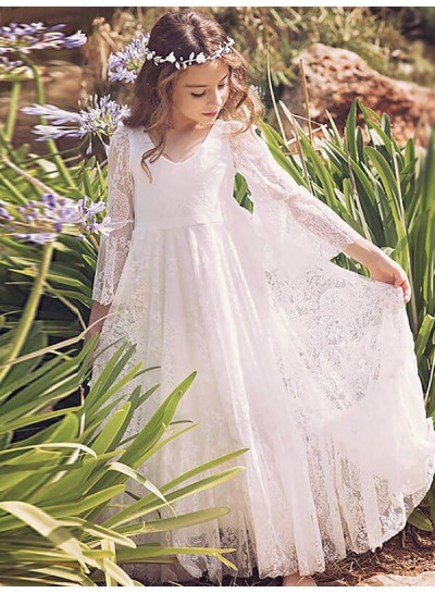 2024 A-Line/Princess Long Sleeves V-neck Lace Floor-Length First Holy Communion Dresses / Flower Girl Gowns