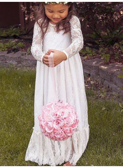 2024 A-Line/Princess Long Sleeves Jewel Bowknot Lace Floor-Length First Holy Communion Dresses / Flower Girl Gowns