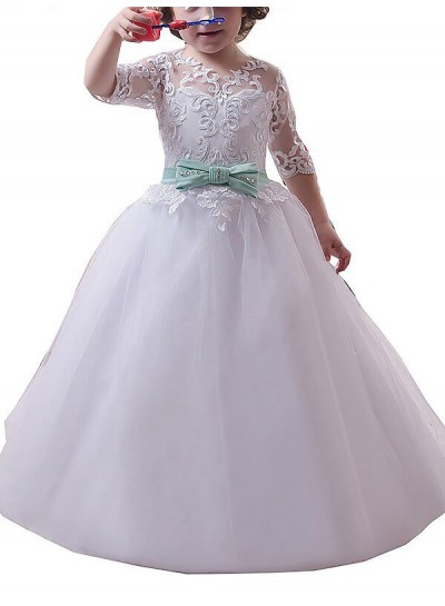 2024 Floor-Length Ball Gown Jewel 1/2 Sleeves Lace Tulle First Holy Communion Dresses / Flower Girl Gowns 2024COMM-7348
