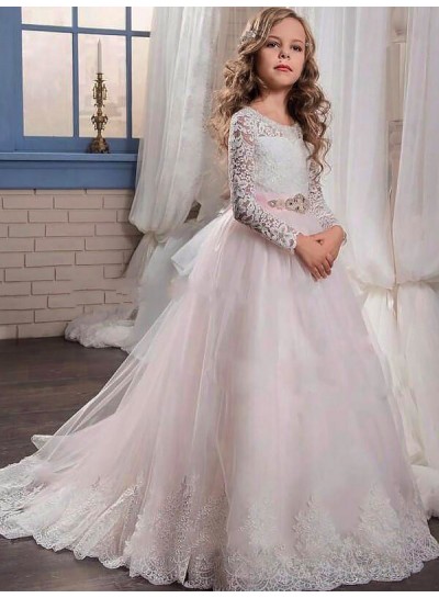 2023 Ball Gown Jewel Long Sleeves Lace Floor-Length Tulle First Holy Communion Dresses / Flower Girl Gowns