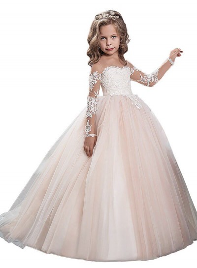 2024 Ball Gown Scoop Long Sleeves Floor-Length Tulle First Holy Communion Dresses / Flower Girl Gowns 2024COMM-7293