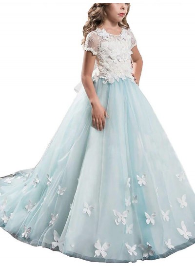 2024 A-line/Princess Scoop Short Sleeves Lace Tulle Floor-Length First Holy Communion Dresses / Flower Girl Gowns