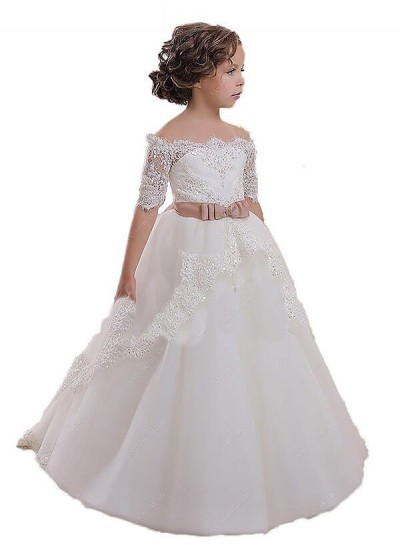 2024 Ball Gown Off-the-Shoulder Short Sleeves Sash/Ribbon/Belt Tulle First Holy Communion Dresses / Flower Girl Gowns