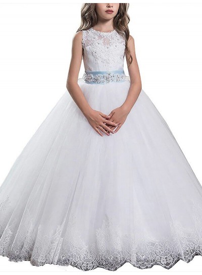 2024 Ball Gown Scoop Sleeveless Applique Floor-Length Tulle First Holy Communion Dresses / Flower Girl Gowns