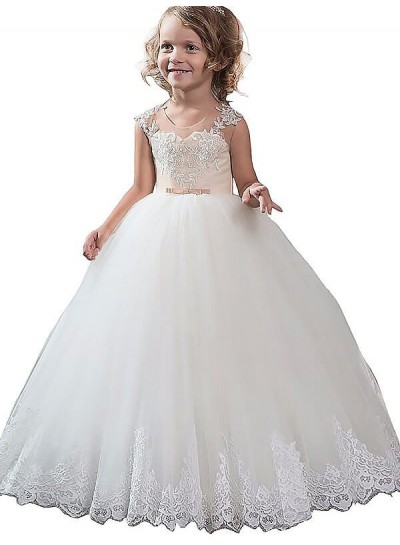 2024 Ball Gown Scoop Sleeveless Applique Tulle Floor-Length First Holy Communion Dresses / Flower Girl Gowns