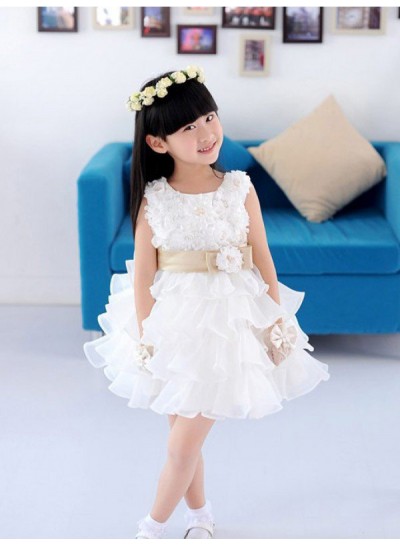 2024 A-line/Princess Scoop Sleeveless Hand-made Flower Short Organza First Holy Communion Dresses / Flower Girl Gowns