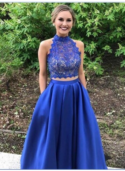 Newly A-Line Satin Royal Blue Two Pieces Lace Prom Dresses 2024