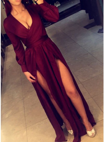 Sexy Burgundy Side Slit A-Line 2022 Long Sleeves Prom Dresses
