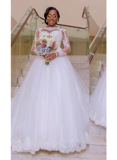 A Line White Long Sleeves 2024 Tulle With Appliques Wedding Dresses
