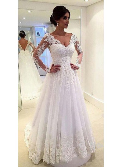 A Line Long Sleeves V Neck Tulle With Appliques 2024 Wedding Dresses