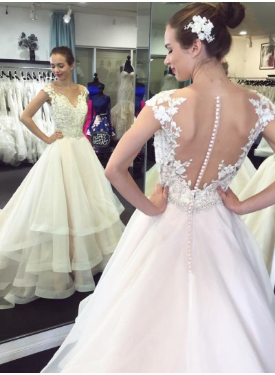 2022 A Line Ruffles Tulle With Appliques Layers Wedding Dresses