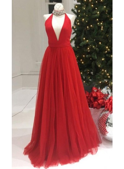 Newly A-Line V Neck Red Tulle 2022 Prom Dresses