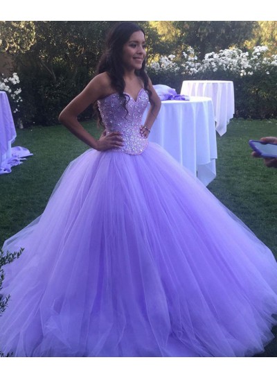 2022 Charming Lilac Sweetheart Tulle Ball Gown Prom Dresses