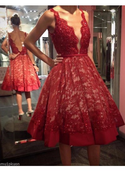 A-Line Short Red Lace 2022 Tea Length Prom Dresses
