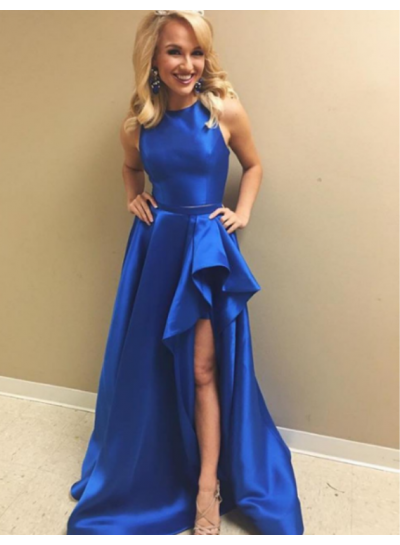 Cheap A-Line Satin Royal Blue Two Pieces 2022 Prom Dresses