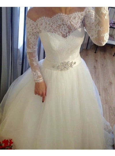2024 A Line Off The Shoulder Long Sleeves Lace With Tulle Wedding Dresses