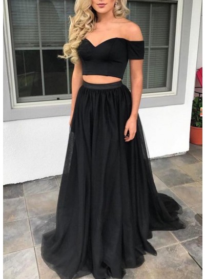 Cheap A-Line Black Two Pieces Off The Shoulder 2022 Prom Dresses