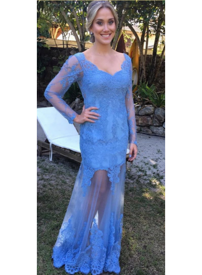 2022 Sheath Long Sleeves Tulle Prom Dresses With Appliques