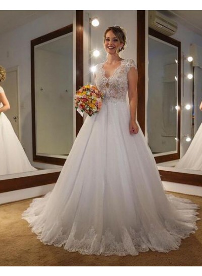 Elegant A Line Tulle With Lace 2022 Capped Sleeves Wedding Dresses