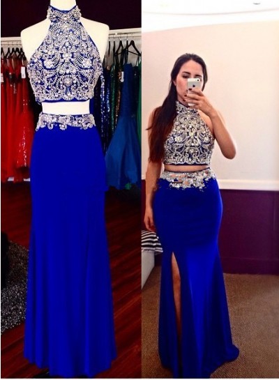 2024 Sheath Royal Blue Two Pieces Beaded Prom Dresses