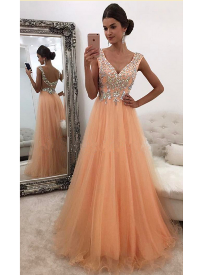 Cheap A-Line Tulle Organza V Neck 2022 Prom Dresses