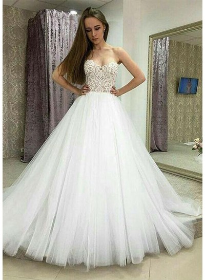 Cheap 2022 A Line Strapless Tulle White Wedding Dresses