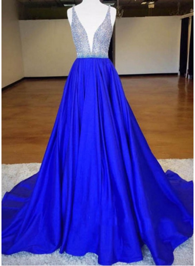 A-Line Royal Blue Satin 2022 Prom Dresses