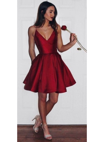 Cute A-Line Satin Red Knee Length V Neck Short 2024 Prom Dresses