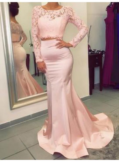 Charming Trumpet/Mermaid  Satin Two Pieces Long Sleeves 2024 Prom Dresses