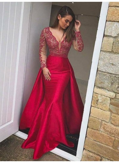 New Arrival Red Long Sleeves Trumpet/Mermaid  Satin 2022 Prom Dresses