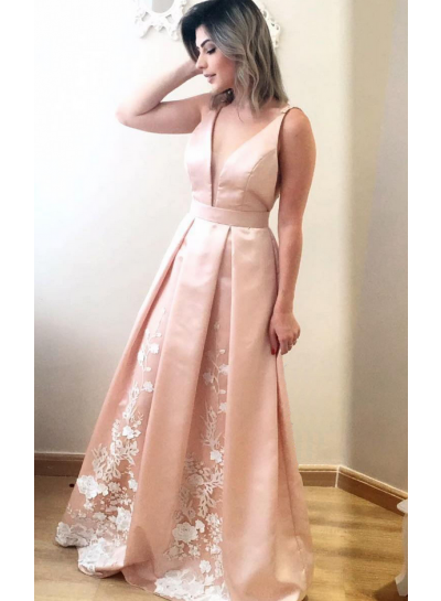 2022 Cheap A-Line Satin Pearl Pink V Neck Prom Dresses