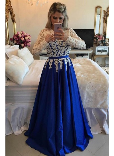 2022 New Arrival A-Line Satin Royal Blue With White Appliques Long Sleeves Prom Dresses