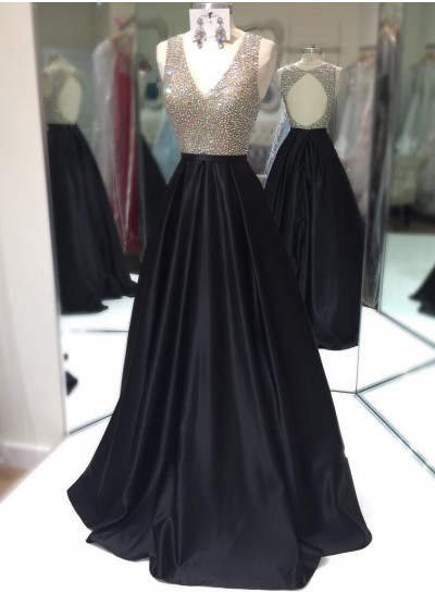 Elegant A-Line Satin Black Beaded V Neck 2022 Prom Dresses