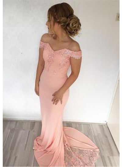 Peach 2022 Satin Off The Shoulder Satin Prom Dresses