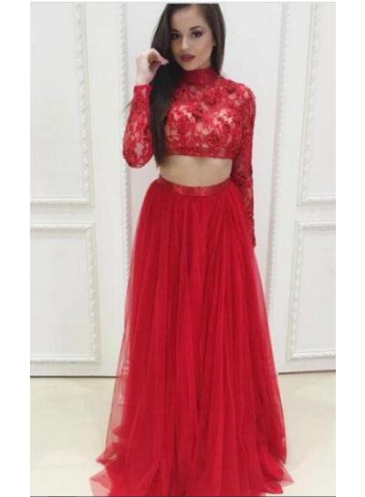 Red A-Line Long Sleeves Two Pieces Tulle Prom Dresses 2022