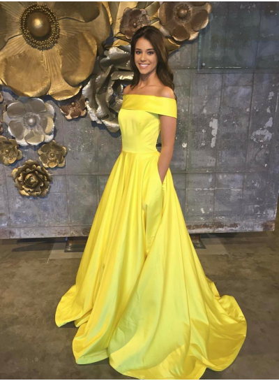 2022 Cheap Satin A-Line Yellow Off The Shoulder Prom Dresses