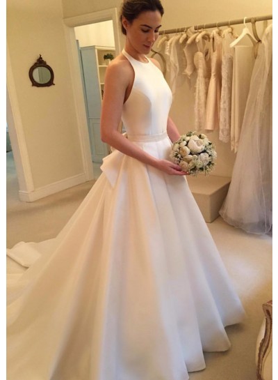 2022 Elegant A Line Satin Long Train Plain Wedding Dresses