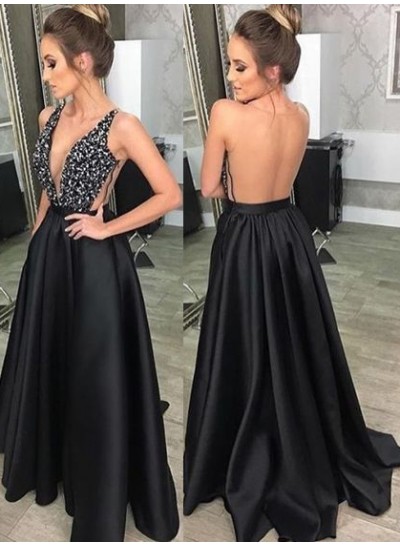 Charming A-Line Satin Backless Deep V Neck Black 2022 Prom Dresses