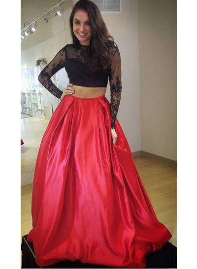 2022 Charming A-Line Satin Black With Red Two Pieces Long Sleeves Prom Dresses