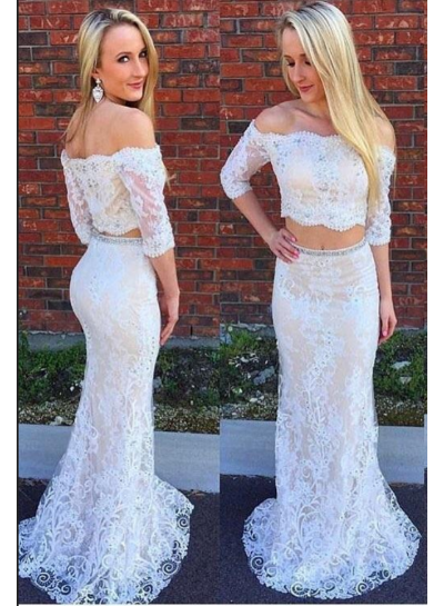 2022 White Sheath Long Sleeves Two Pieces Lace Prom Dresses